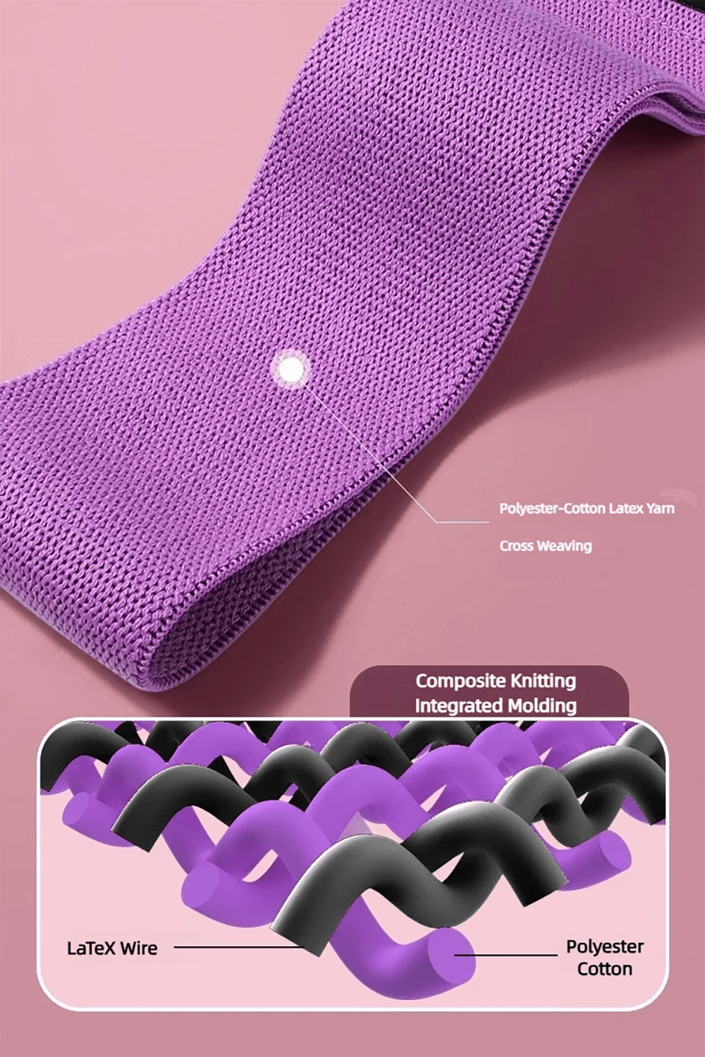 Close-up of purple fabric resistance band with composite knitting and latex details, for glutes & fitness training.